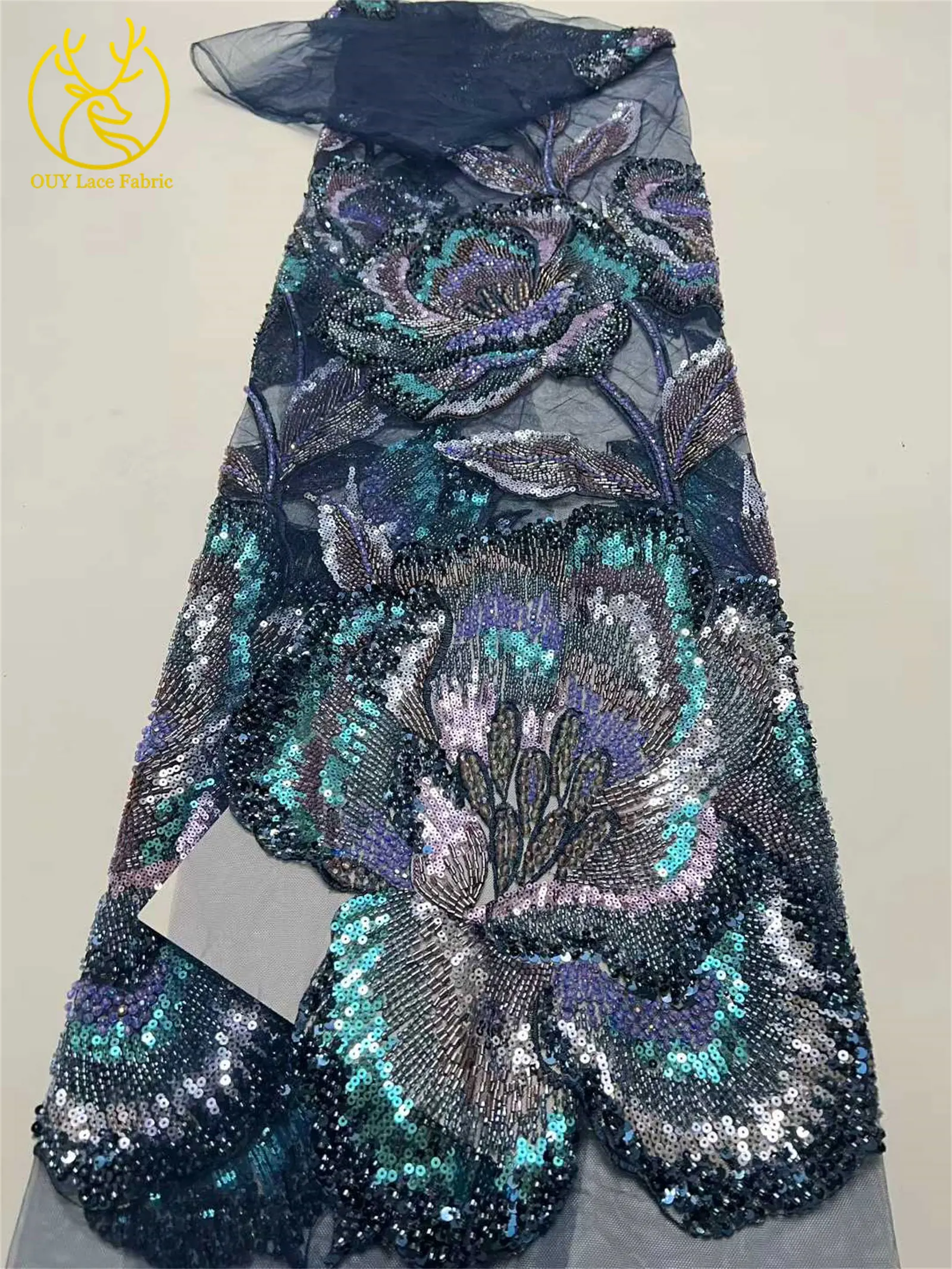 Nigeria Große Blumen Perlen-Spitzenstoff 2026 Luxuriöser Afrikanischer Spitzenstoff 5 Yards Französischer Pailletten-Spitzenstoff für Party- und Abendkleider – Detail 8
