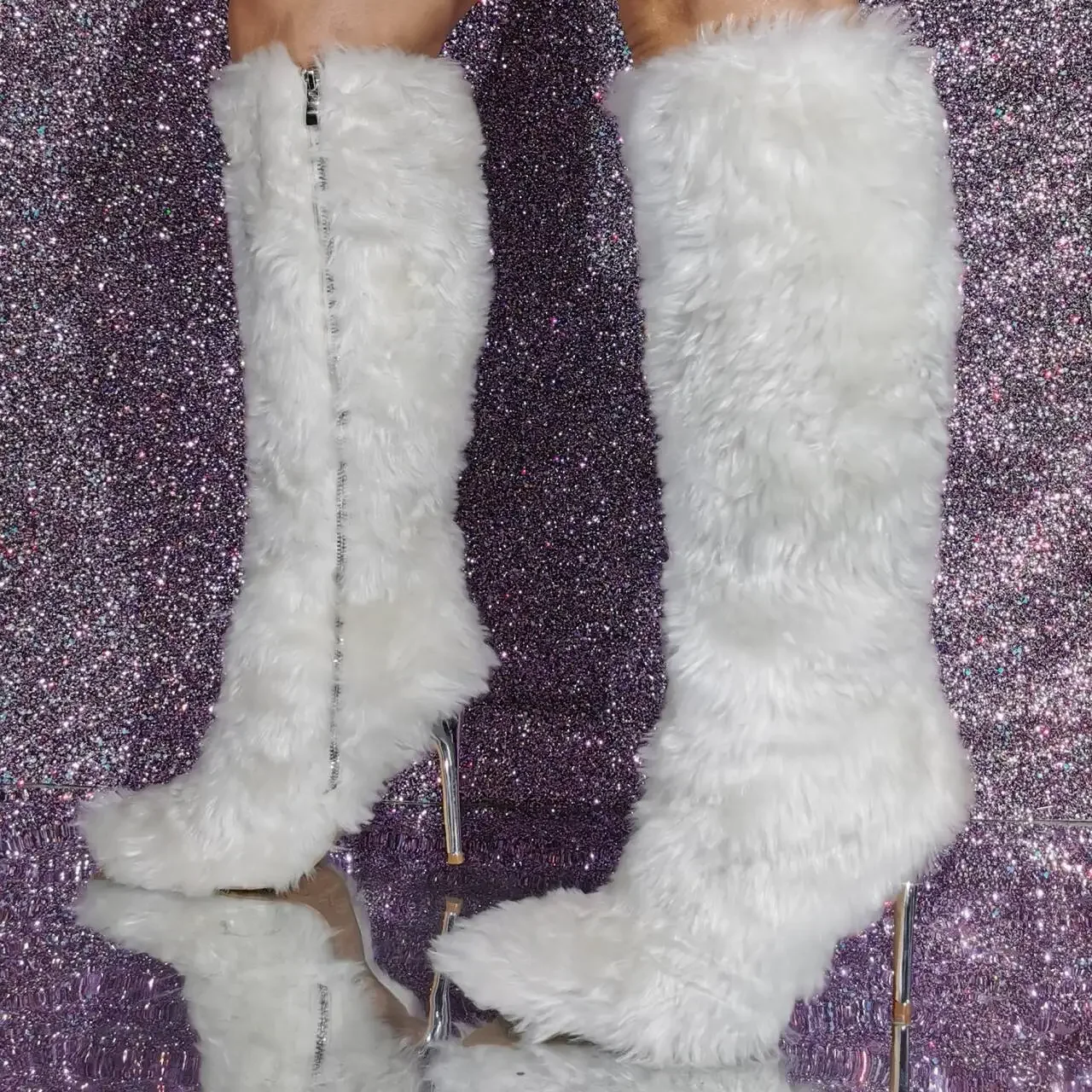 

2025 New Fluffy Knee High Women Boots Pointed Toe Side Zipper Thin High Heel Fashion Catwalk Long Boots Hair Stage Party Boots