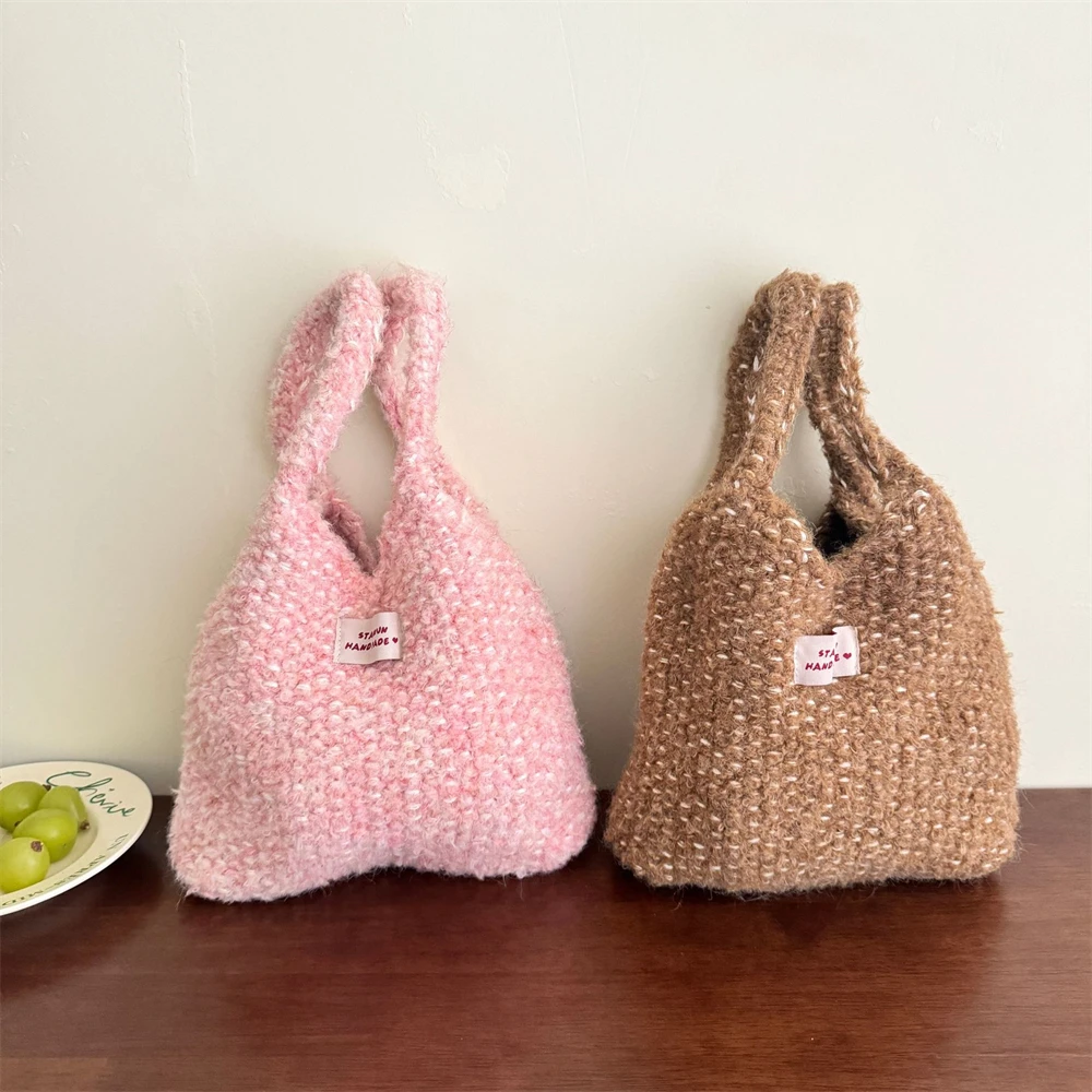

Female Winter Mixed Line Knitting Shopping Bag Thick Woolen Thread Weaving Handbag Women Dopamine Clash Color Crochet Tote Bags