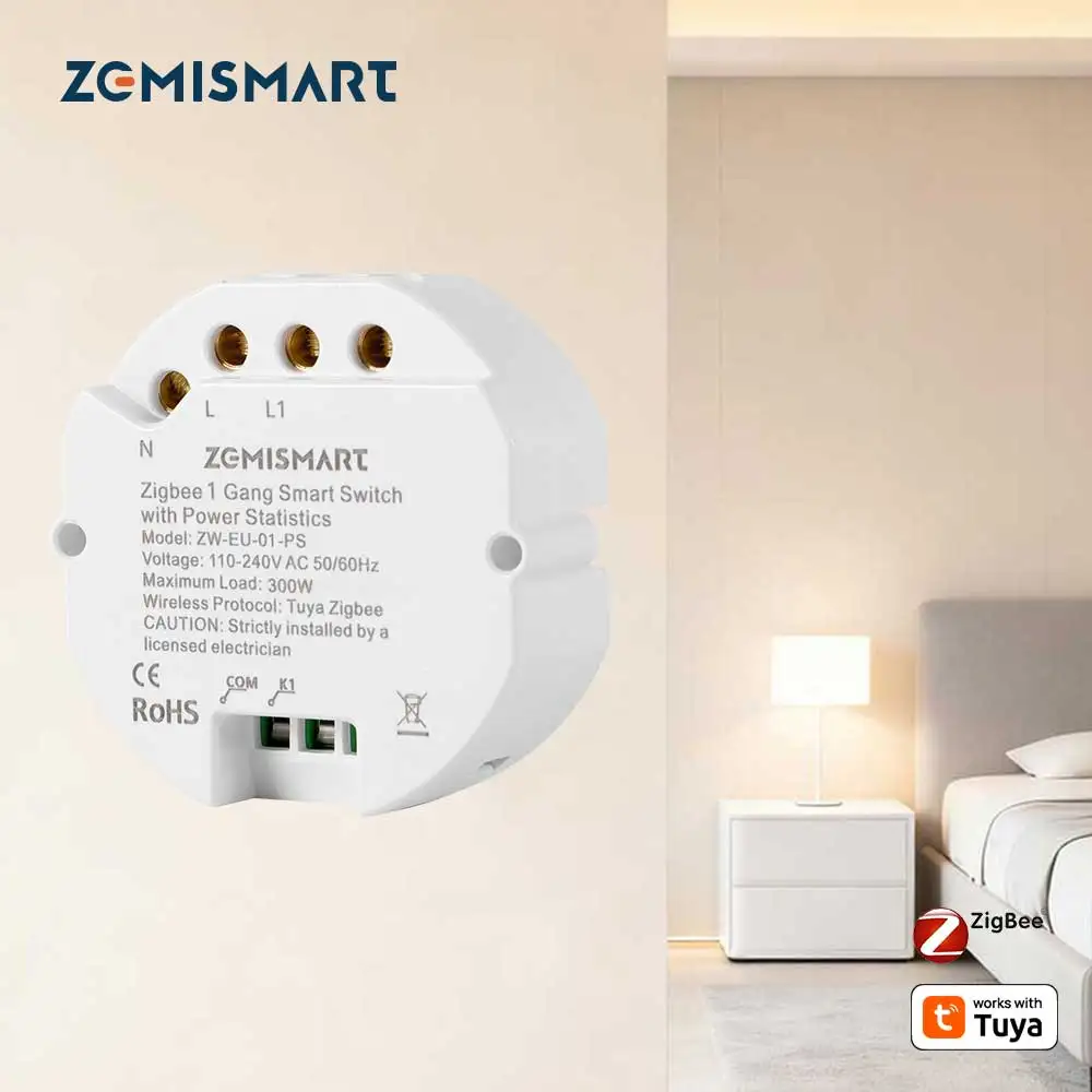 Zemismart 1 Gang Zigbee Relay Switch with Power Statistics Function Smart Inline Module Work with Tuya Smart Life App