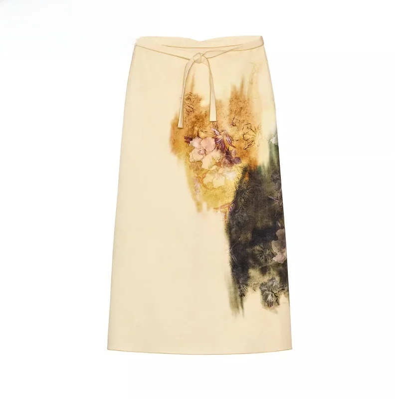 

New Summer Midi f Skirt Mixed Print Asymmetrical Hem Commuter Sle A-Line Straight Cut Waist Design Flower Pattern