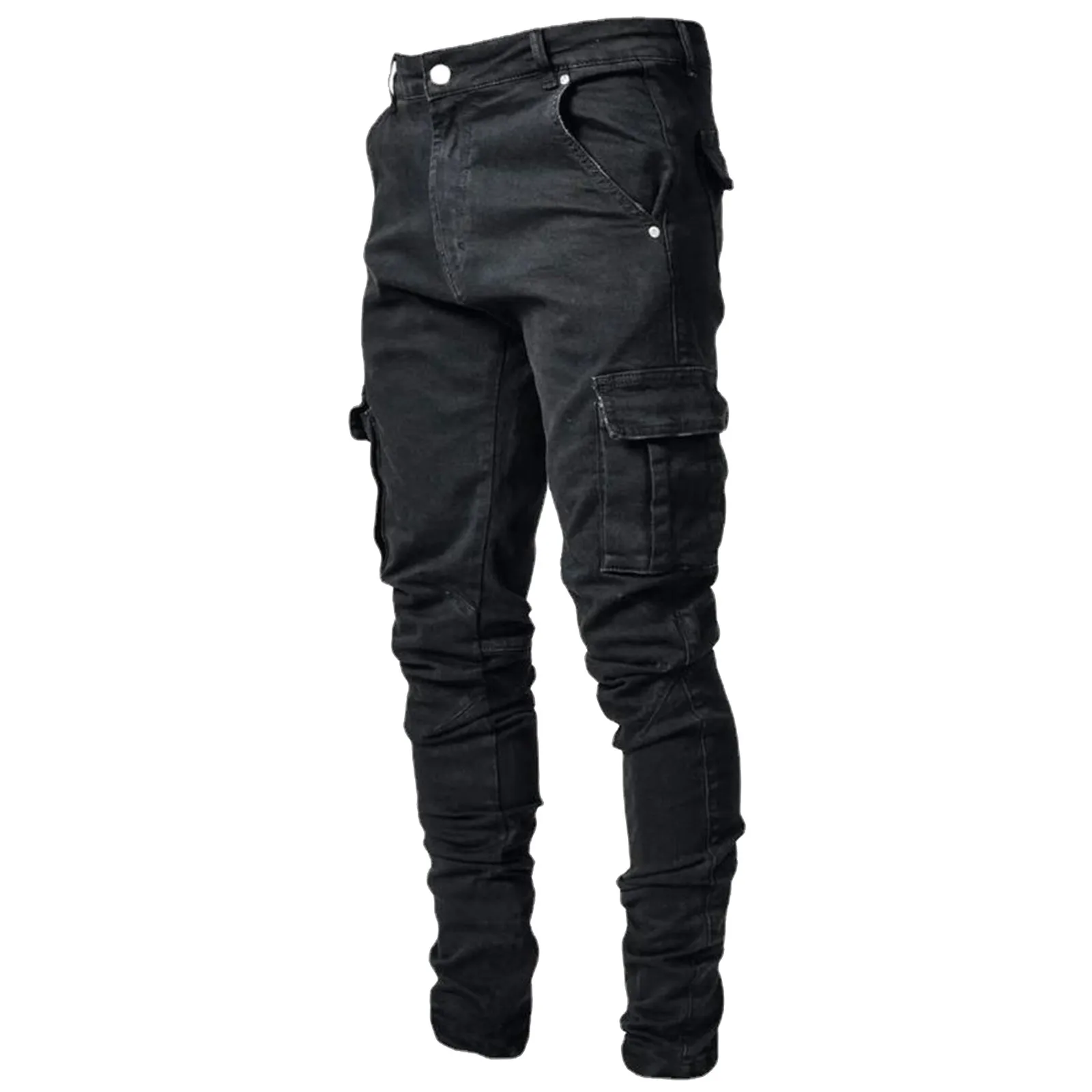 Heren Jeans Jogging Broek Trendy Effen Kleur Skinny Multi-Pocket Denim Cargo Broek Outdoor Sport Vrijetijdskleding Ropa Hombre