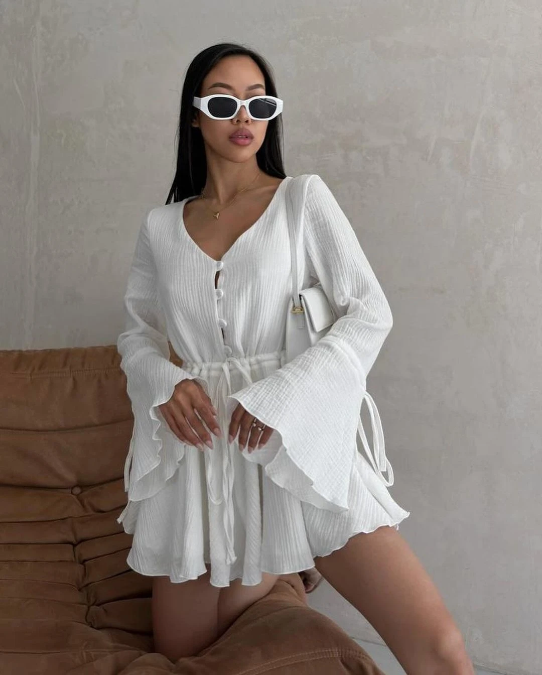 

New Dstring Bell Sve V Ne Flared Sve Jumpsuit Cotton Blend Commute Sle mid Waist ort Length