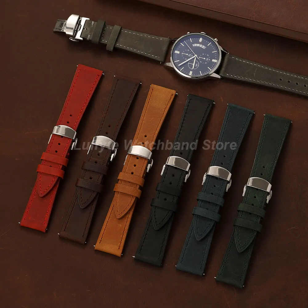 Schnellverschluss-Federsteg-Uhrenarmband aus Crazy-Horse-Leder für Herren, 18 mm, 20 mm, 22 mm, Schmetterlingsschnalle, Business-Armband