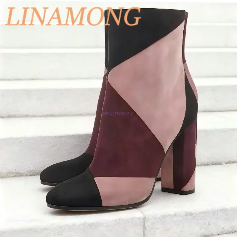 متعدد الألوان المرقعة الجلد المدبوغ أحذية قصيرة الخريف والشتاء وأشار كعب سميك وسحاب جانبي تصميم عالية الكعب أحذية الموضة