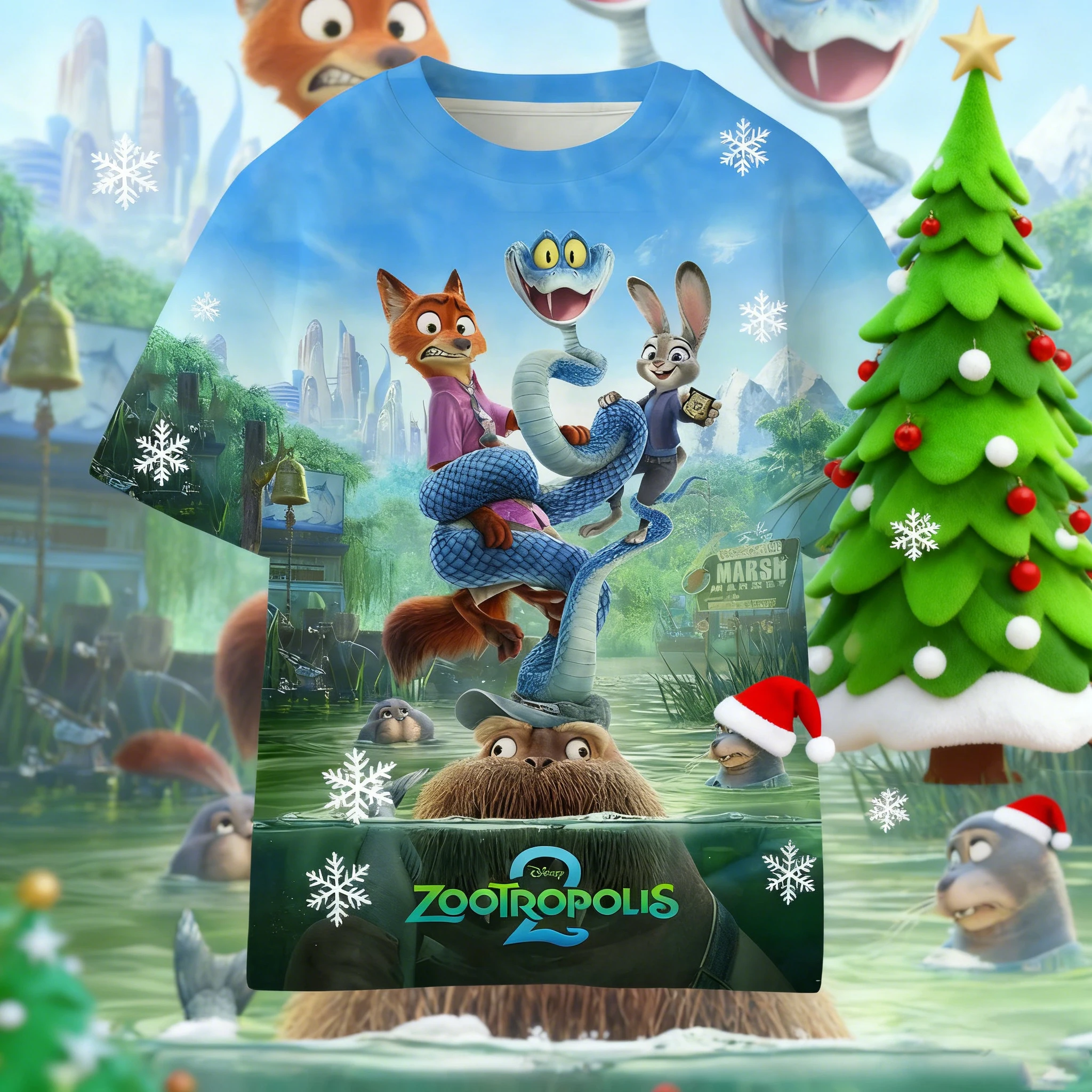 تي شيرت ديزني زوتوبيا 2 لعيد الميلاد للرجال والمراهقين بأكمام قصيرة وحفلات عيد الميلاد كاجوال يوميًا بطبقات الخريف والشتاء #3