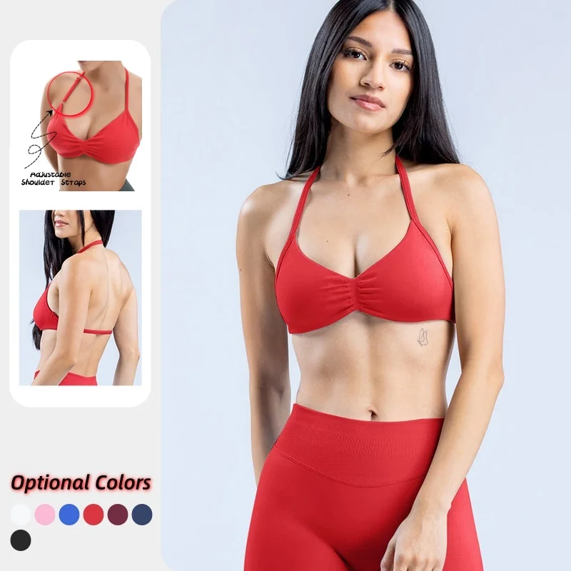 

Adjustable Shoulder Straps Sport Bra DF Open Back Halter Sports Bra Seamless Light Support Gym Crop Top Workout Yoga Padded Bras
