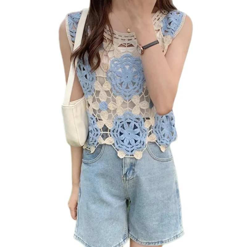 Stylish Ladies Knitted Vest with Delicate Crochet Detail Versatile Beach Top