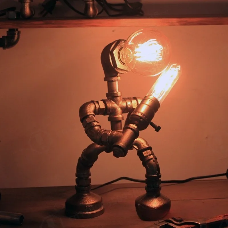 Loft Industrial Pipe Robot Table Lamp Creative Decor Light Bedside Bar Dorm Desk Lamp Holiday Gift Ornament
