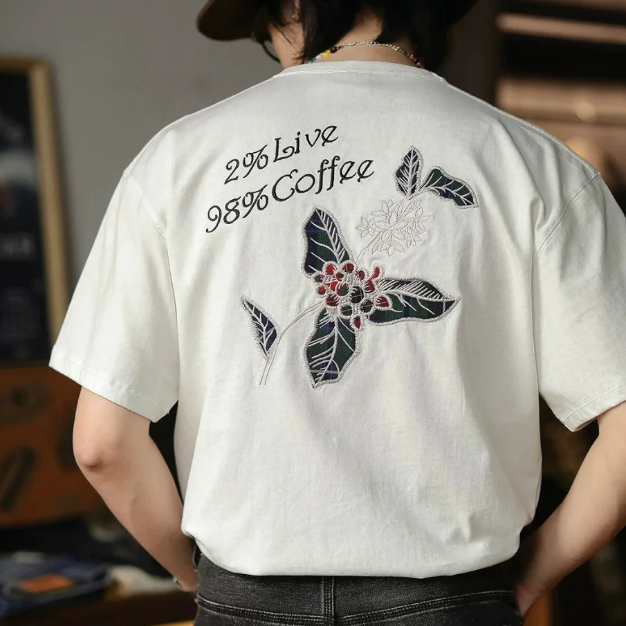 Vintage Men's 260gsm 100%Cotton Short Sleeve T-Shirt Coffee Cherry Applique Embroidery Batik Distressed Tee Loose Fit Casual Top