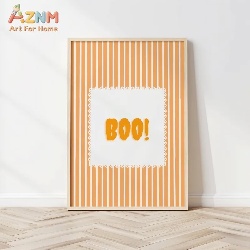 BOO Letter Art Orange Striped Canvas Poster Simple Halloween Print Decor Unframed Wall Art for Nursery Bedroom Autumn Home Decor