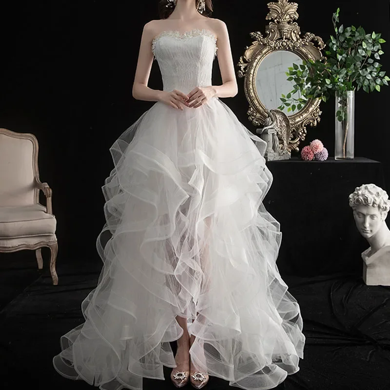 Short Front and Long Back Light Wedding Dress Princess Fluffy Trailing Cake Skirt  Marriage Dress Wedding Dresses for Women