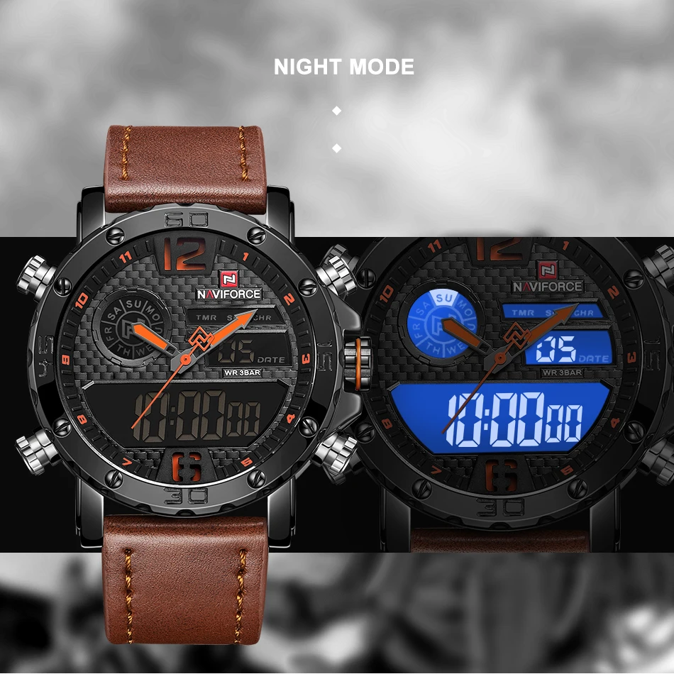 Mens Watches Luxury Brand NAVIFORCE Leather Sports Quartz LED Digital Clock Waterproof Military Wristwatches Relogio