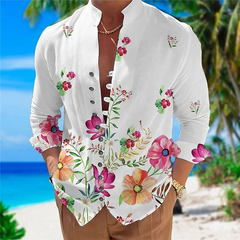 New color splashed ink art printed men's long sleeved shirt, vacation style casual loose fitting shirt clothing
