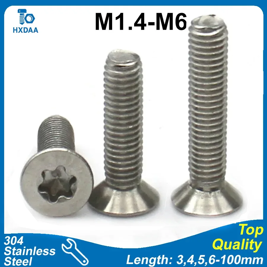 5-50pcs M1.4 M1.6 M2 M2.5 M3 M4 M5 M6 304 Stainless Steel Six-Lobe Torx Flat Countersunk Head Screws Pickled Finish DIN 7991