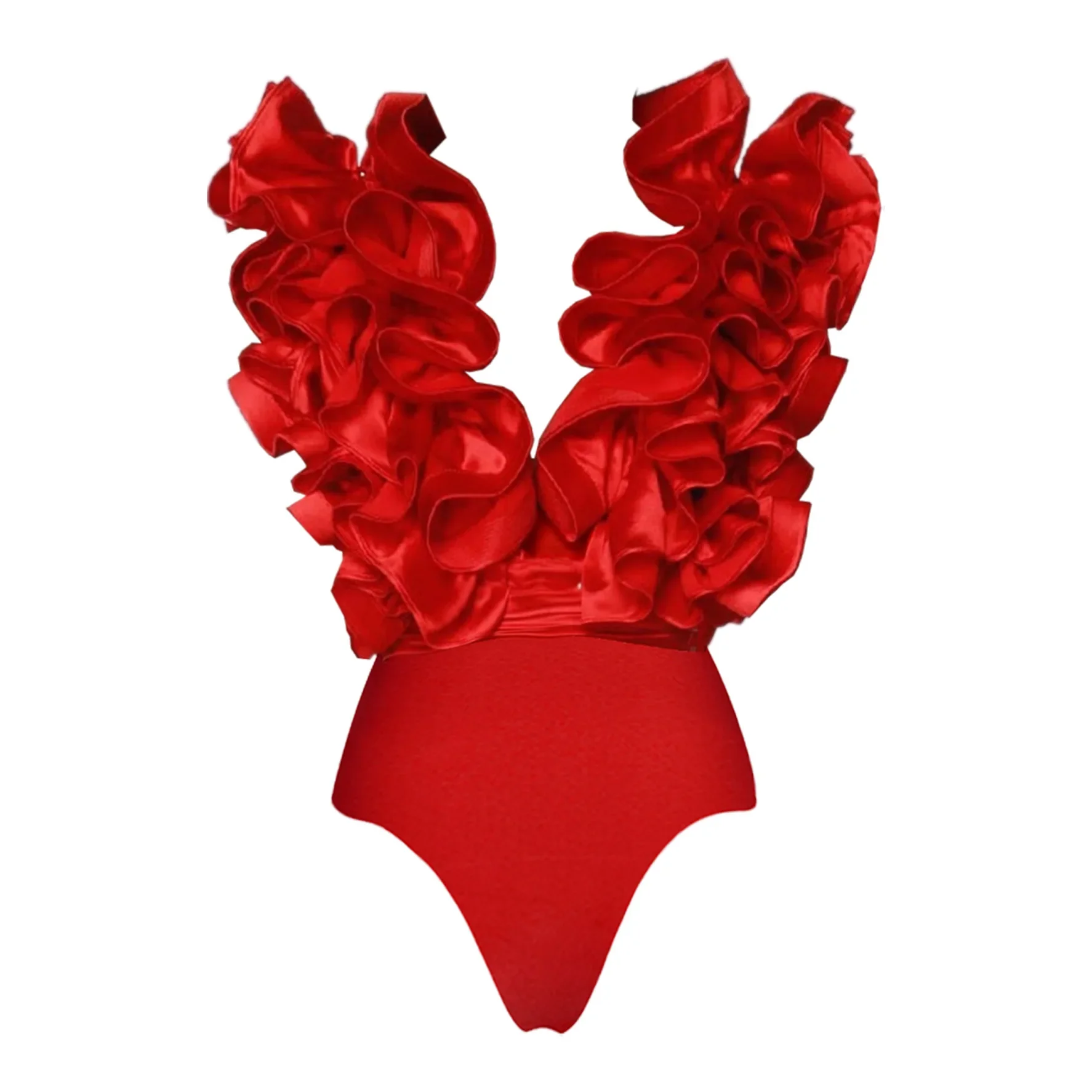2025 Solid Red Flower One Piece Swimsuit Luxury Women Swimwear Sexy Swim Suit Deep V Monokini Off Shoulder Bodysuit Bathingsuit