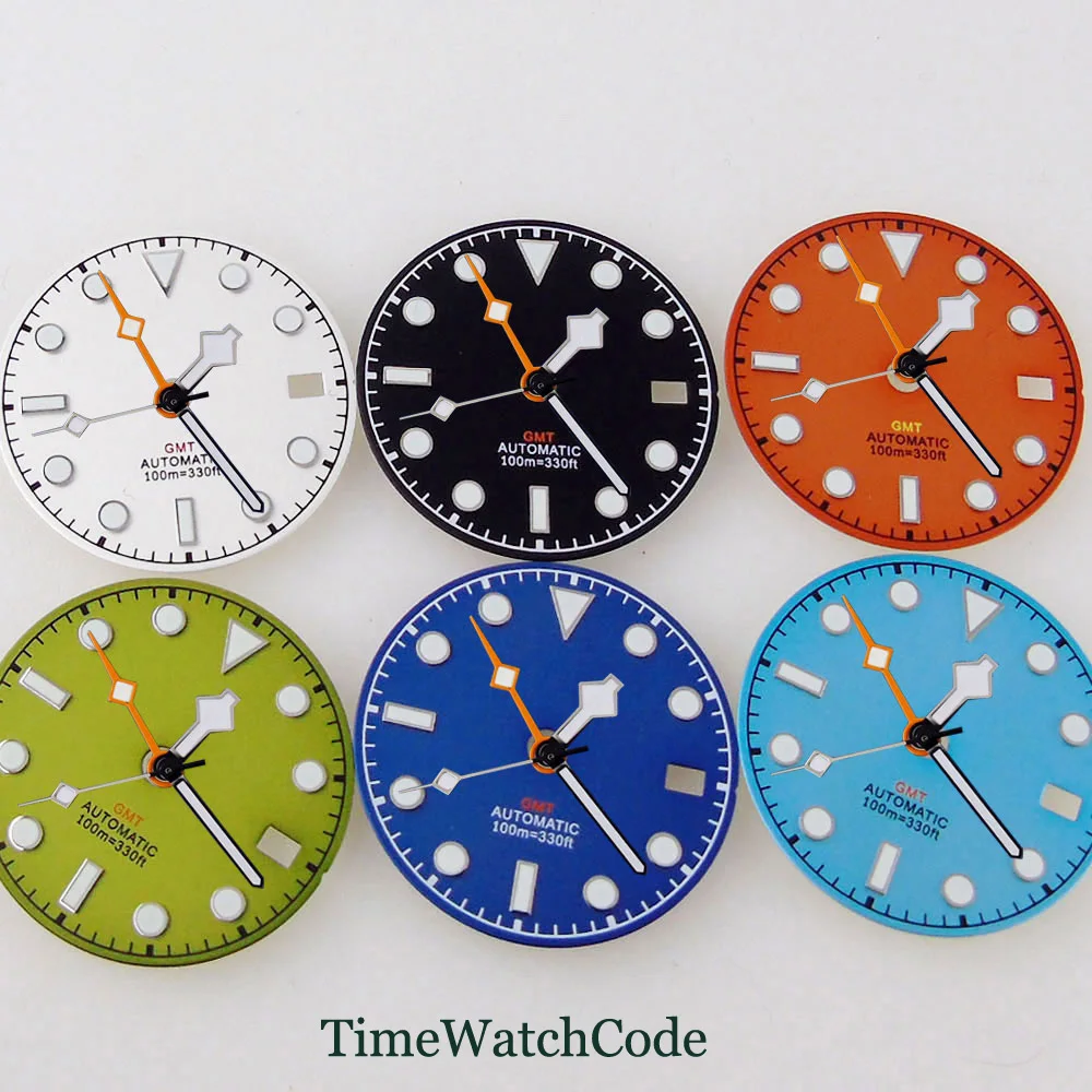 

29mm Watch Dial Face Accessories Luminous Hands Fit for NH34 GMT Automatic Movement Date Window Black White Blue Green Orange