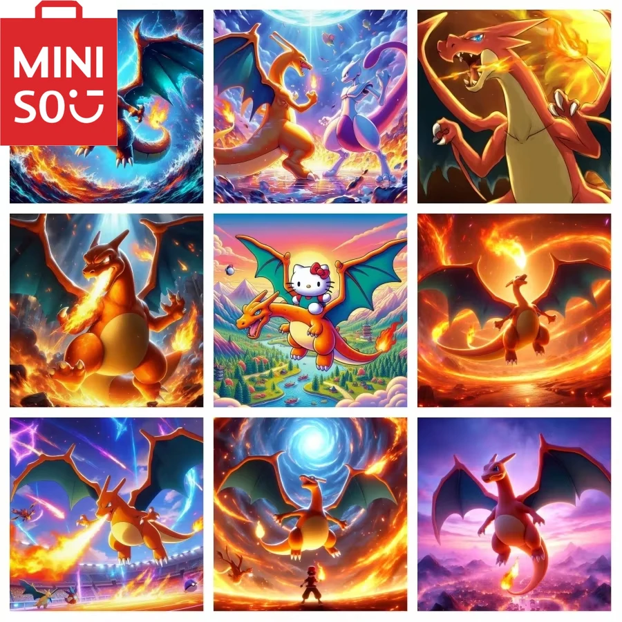 MINISO Charizard Pokemon dragón de fuego Anime pintura de diamante dibujos animados mosaico completo de diamantes nueva colección regalo hecho a mano decoración de pared