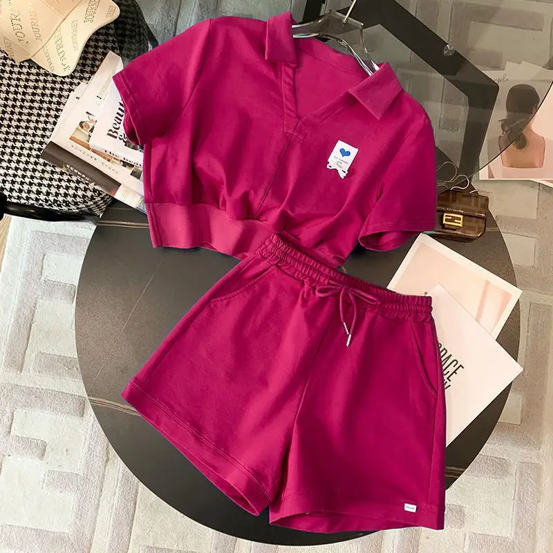 Elegant Fashion Harajuku Slim Fit Female Clothes Loose Casual All Match Solid Shorts Patchwork Short Sleeve Tops Two Piece Set