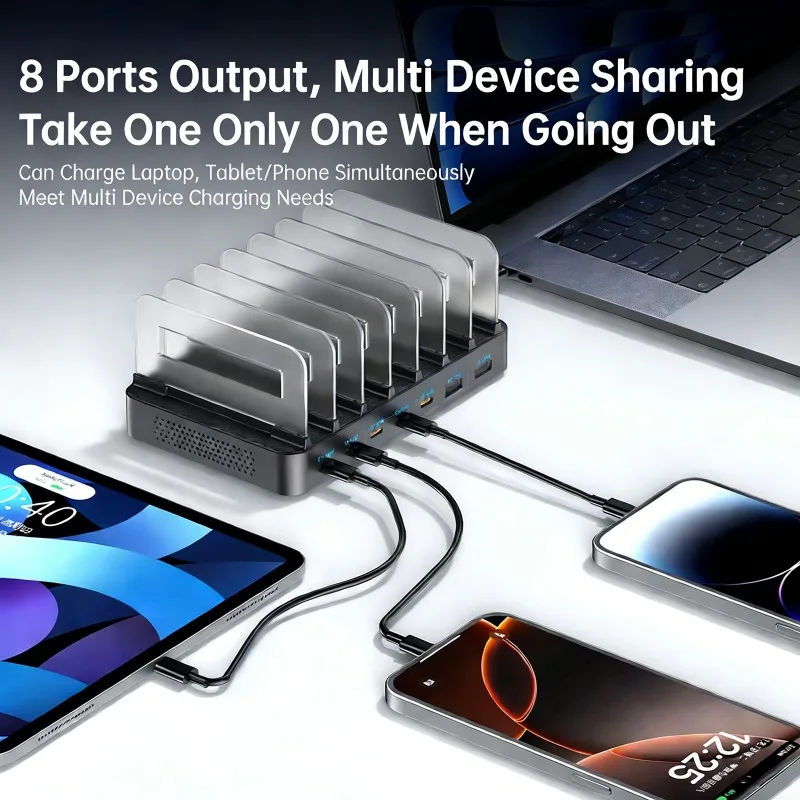 288W USB C Charger 8 Ports GaN High-Power Desktop Charging Station with Retractable Cable for Tablets Mobile Phones & Computers