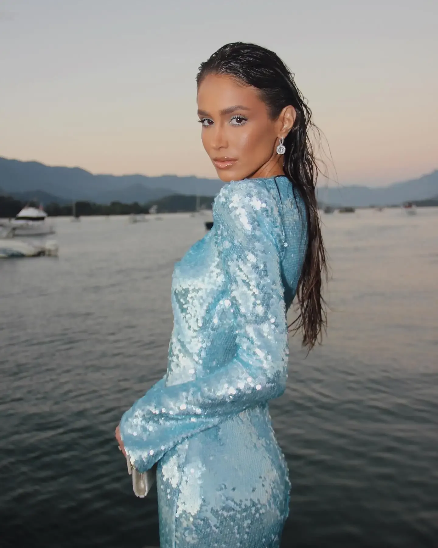 Brilho bebê céu azul vestidos formais com mangas cortadas lantejoulas vestido de festa feminino sereia o pescoço maxi vestidos