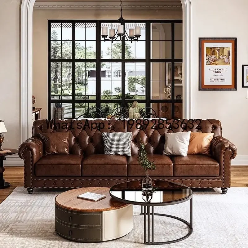 

american retro oil wax sofa three or four seater straight row medieval style brown sofa living room house furniture