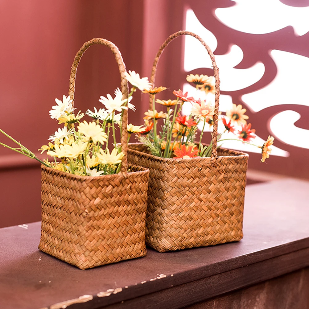 

1pc 18X18X14Cm Natural Straw Woven Storage Baskets Portable Decorative Flower Baskets Wedding Party Home Desktop Decoration