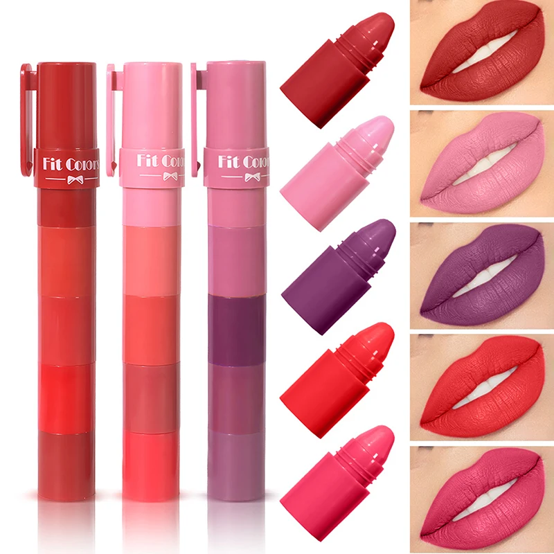 5-In-1 Fruit Velvet Matte Lipstick Set, Long-Lasting, Highly Pigmented, Moisturizing Lip Balm, Smooth Application For Soft Lips