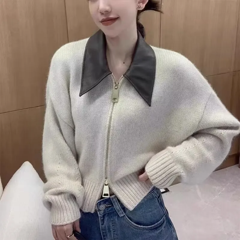 Vintage Knitted Sweater Women Korean Fashion Patchwork Polo collar double zipper Long Sleeve Cardigan women\'s autumn clothing