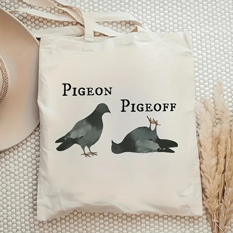 

Women Tote Bag Featuring Pigeon Print Spacious And Stylish with Minimalist DesignDurable Beige Handbag with Fixed Shoulder