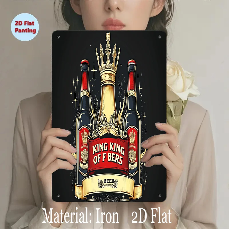 King of Beers Metal Sign -  Iron Wall Art with Golden Crown,Beer Bottles Design, Vintage Style for Home, Bar, Cafe, Restaurant