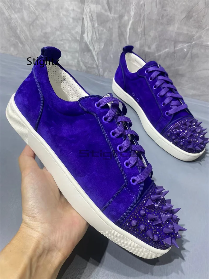 Blauwe Kristallen Klinknagel Casual Schoenen Voor Heren Sneaker Ronde Neus Veters Flats Heren Schoenen Echt Lederen Comfort Custom Paar Schoenen