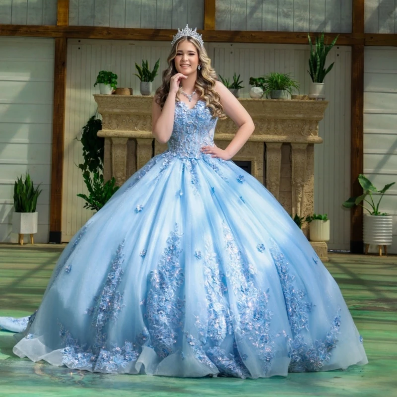 

Небесно-голубое блестящее платье Quinceanera с открытыми плечами и аппликацией из кружева и бусин, тюлевой корсет для вечеринки, дня рождения, сладкое платье 16, Vestidos 15 De