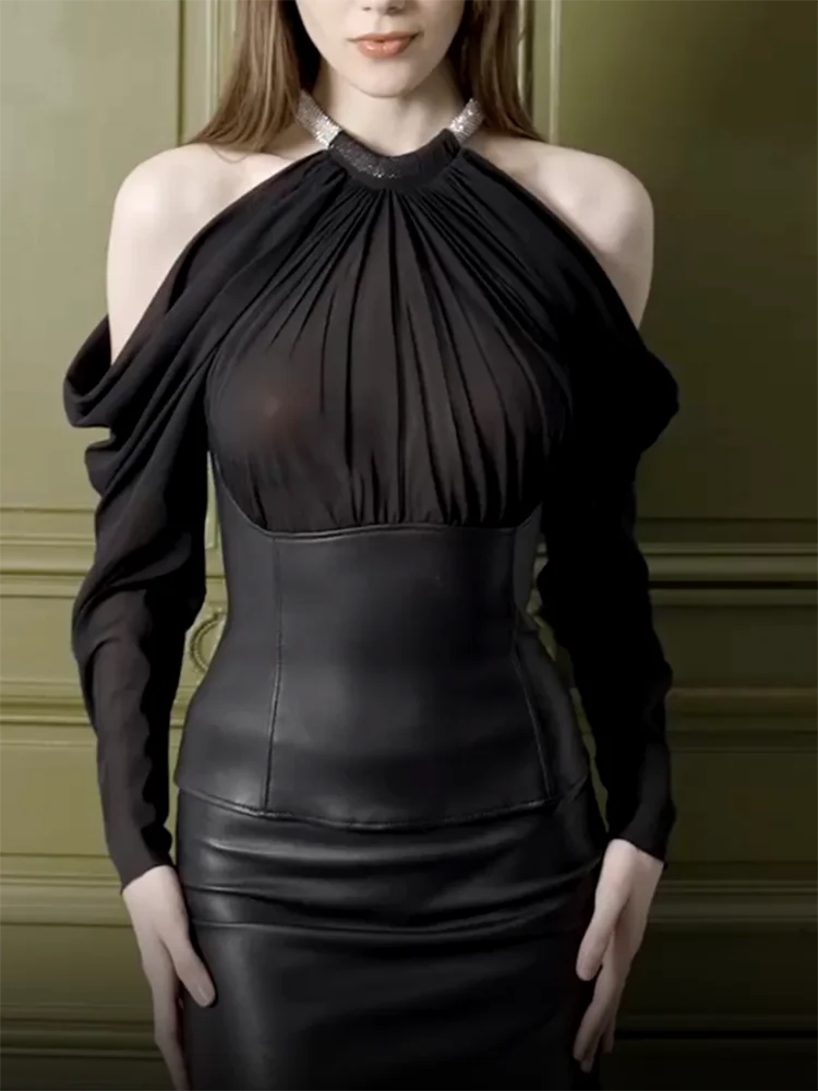 

Black Elegant Patchwork Leather Blouse Elegant Diamond-Embellished Round Neck Long-Sleeve Women's Top 2025 Fall New Arrival