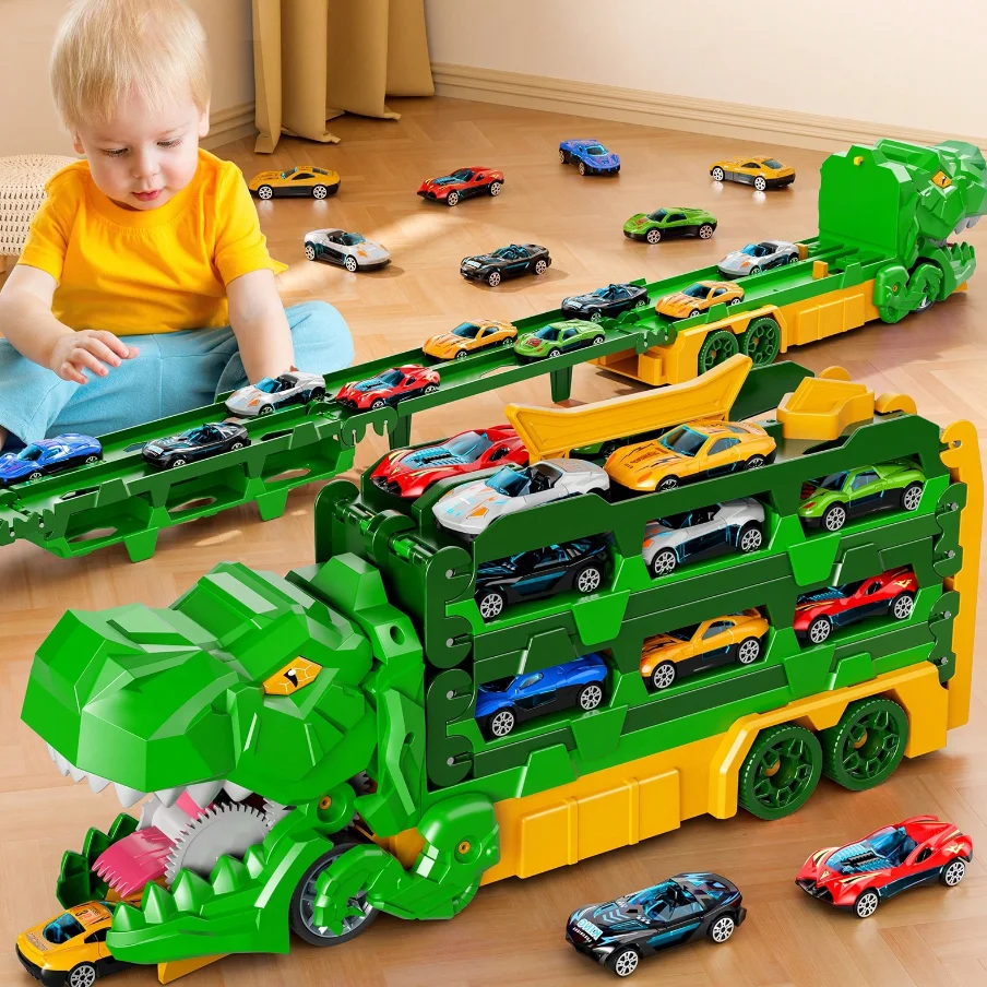 STEM Educational Toy: Dinosaur Truck & Track Set with 12 Alloy Cars | Super Long Raceway & Garage for Toddlers Boys Age 3-8 | De