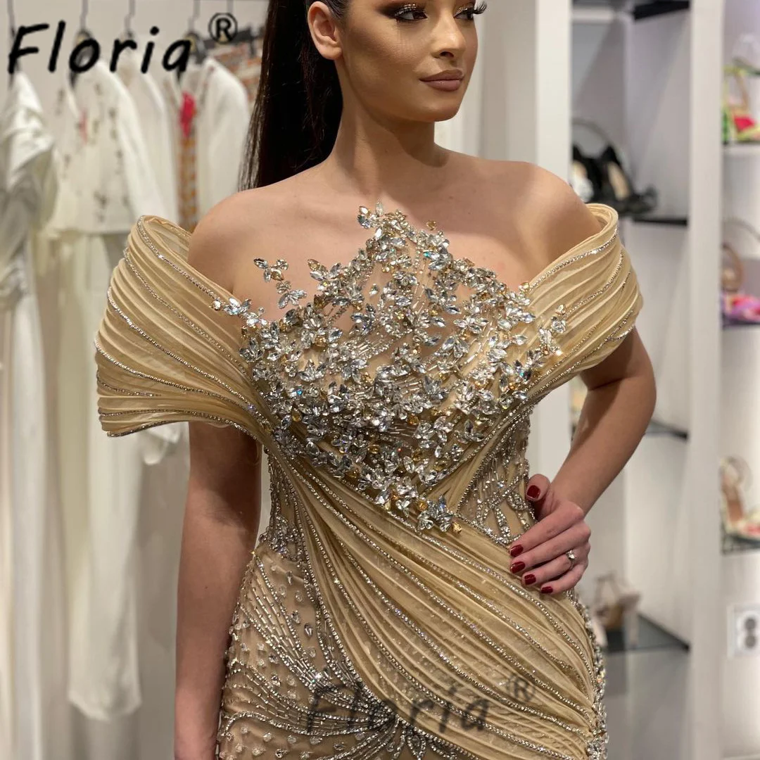 Luxury Dubai Champagne Beaded Mermaid Evening Party Dress Crystal Off the Shoulder Customized Couture Special Occasion Dresses