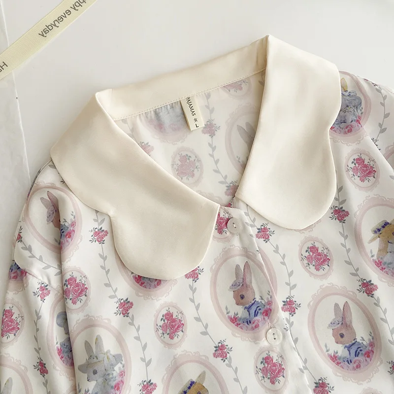 Spring Autumn New Female Pajamas Trouser Suits Sweet Print Cartoon Lounge Wear Sleepwear Lingerie Loose Satin Home Wear Pyjama image 6