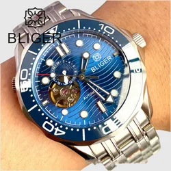 BLIGER 41MM NH39 24 Jewel Automatic Mechanical Man Watch Blue/Black Dial Green LuminousSapphire Glass Ceramic Bezel Screw