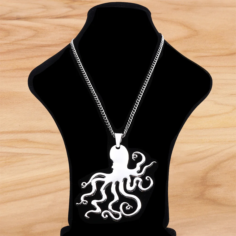 Tibetan Silver Large Sea Animal Octopus Squid Pendant on Long Chain Necklace Lagenlook 34 Inches for Jewelry Women