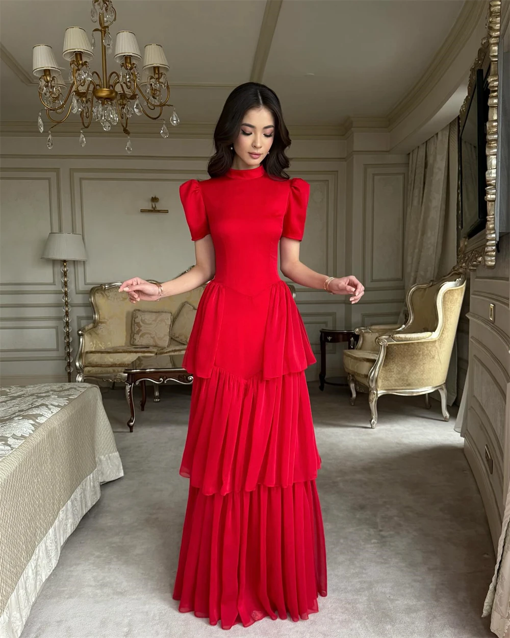 

Customized Red Chiffon Evening Dress Fashion Short Sleeves Homecoming Dresses Elegant Sweep Train Special Occasion Gowns