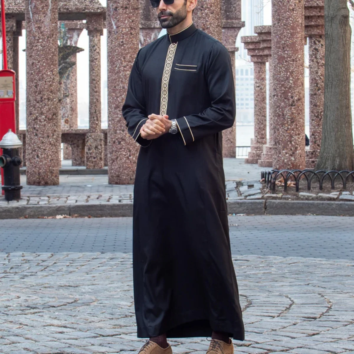 Men 2024 new positioning Embroidery Extra Long T-shirt Men\'s embroidered pocket Arab abaya