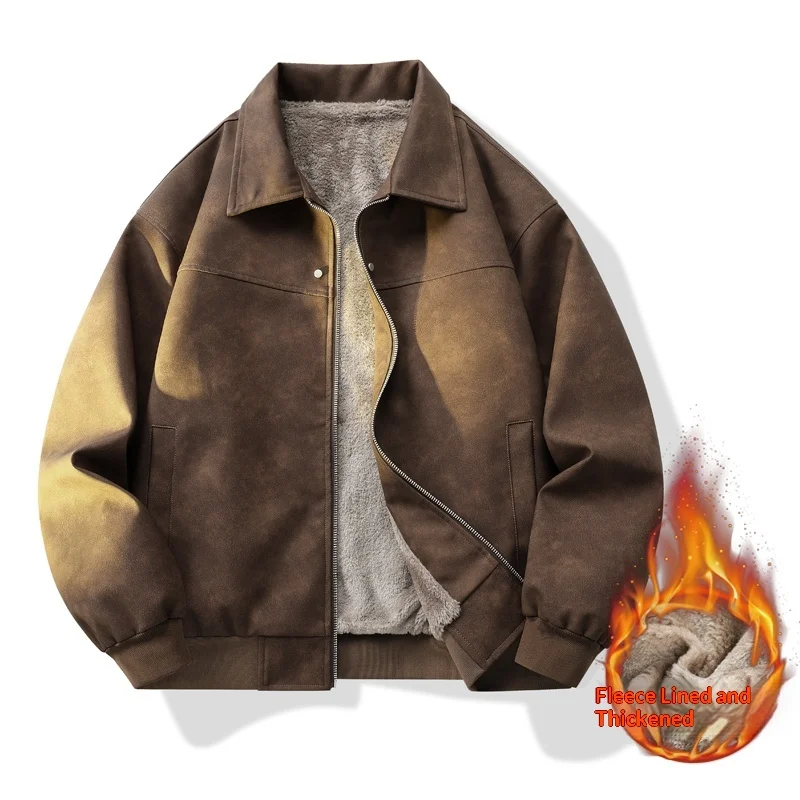 

Men's Faux Suede Fleece-Lined Lapel Jacket, Black/Brown Two-Tone + Plush Lining for Warmth Retention, Faux Suede Fabric Brings a High-End Feel, Fleece Lining Provides Strong Cold Resistance for Winter Commuting/Daily Wear