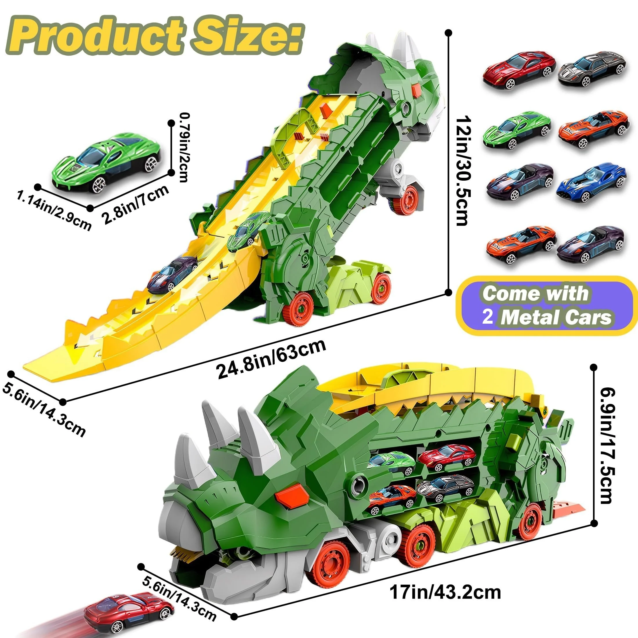 New product folding dinosaur Transporter Car Toys competitive game roll to eat & store die-cast cars（Come with2 Metal Cars）