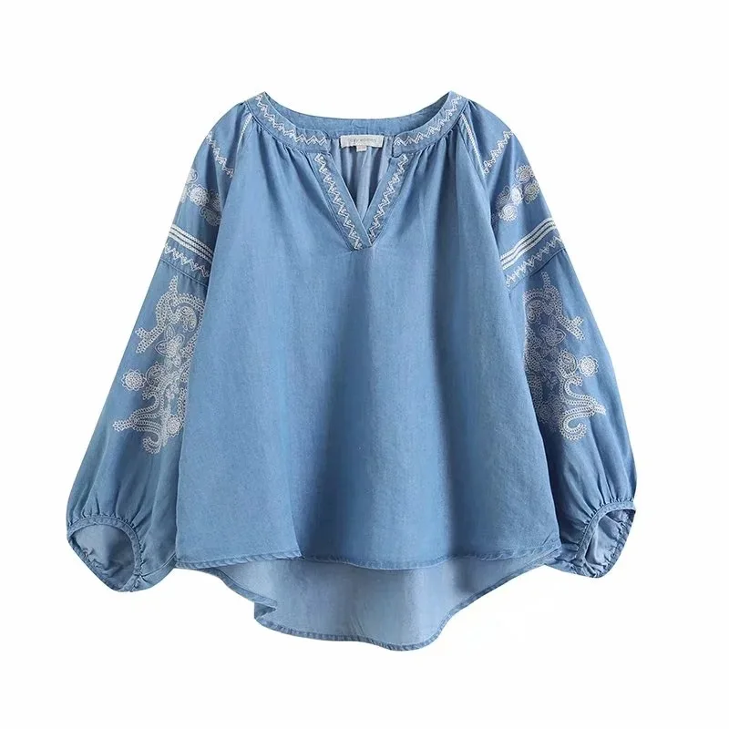 Reglan Lantern Sleeve Denim Shirts Women\'s Summer Soft Jeans Outer Wear Embroidered Casual Loose Blouses Drape Thin Top T37505JC