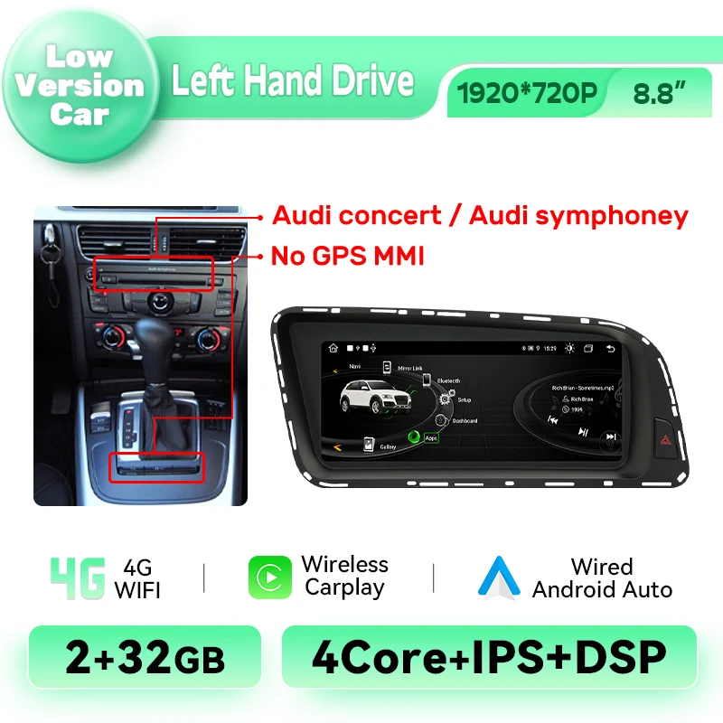 Android 14 Draadloze Carplay Auto Radio Speler Voor Audi Q5 2009-2016 8.8Inch Ips Scherm Gps 8Core 128Gb Navi Multimedia 4G Wifi