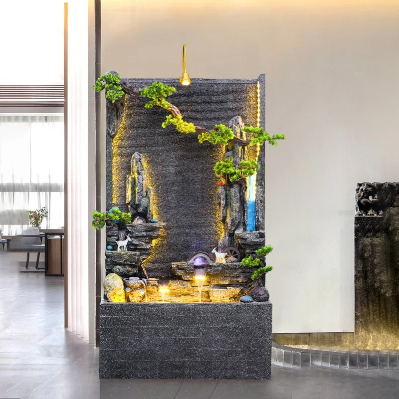 Spring square circle light luxury large floor-to-ceiling running water curtain wall ornament home jewelry modern simple