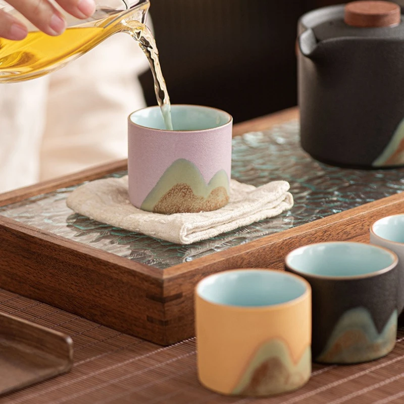 

Handdrawn Mountain Tea Cup Japanese Coarse Pottery Master Cup Meditation Cup Chazhan Set of Cups Water Jug Gift Box Set