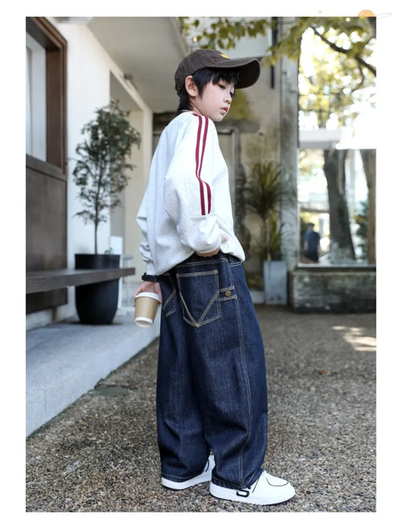 Herbst Kinder Jungen Jeans UNITIM 2026 Teenager Stilvolle Jungen Denim-Hosen Ins Lose Elastische Taille 4-14 Jahre Kinder Jungen Weite Hosen – Detail 14