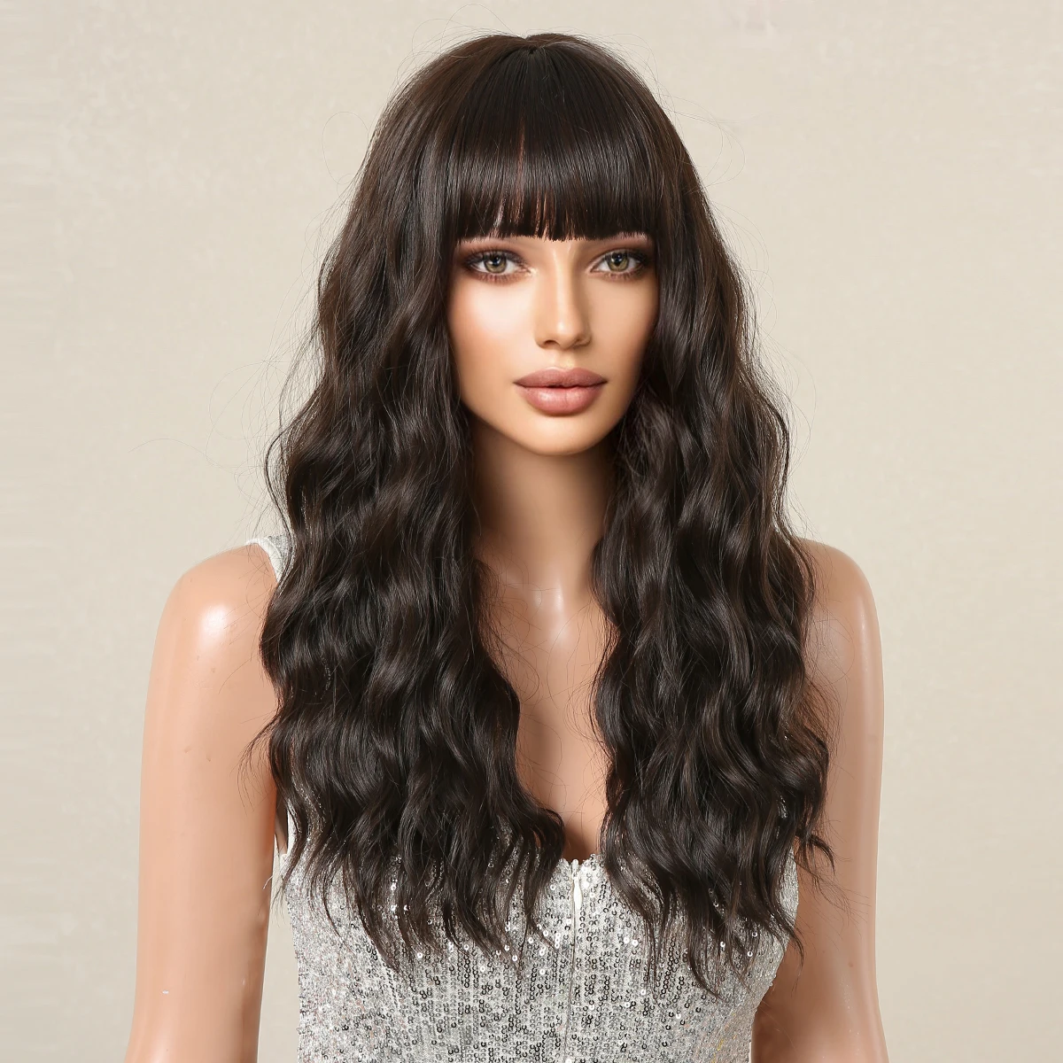 HENRY MARGU Natural Dark Brown Wigs for Black Women Afro Long Deep Wave Synthetic Hair Wig with Bangs Cosplay Heat Resistant Wig