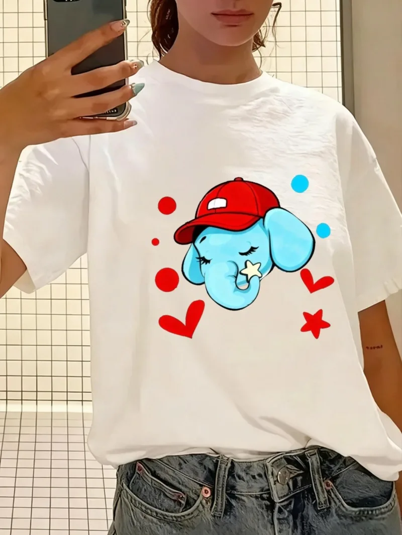 

Женский белый свободный хлопковый топ с короткими рукавами и наклейкой «Аватар» с мультяшным слоном, подходит для весенне-летних стилей